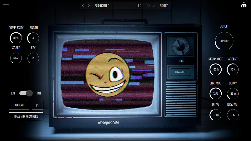 TV3 アシッドベースラインシンセサイザーのインターフェース。