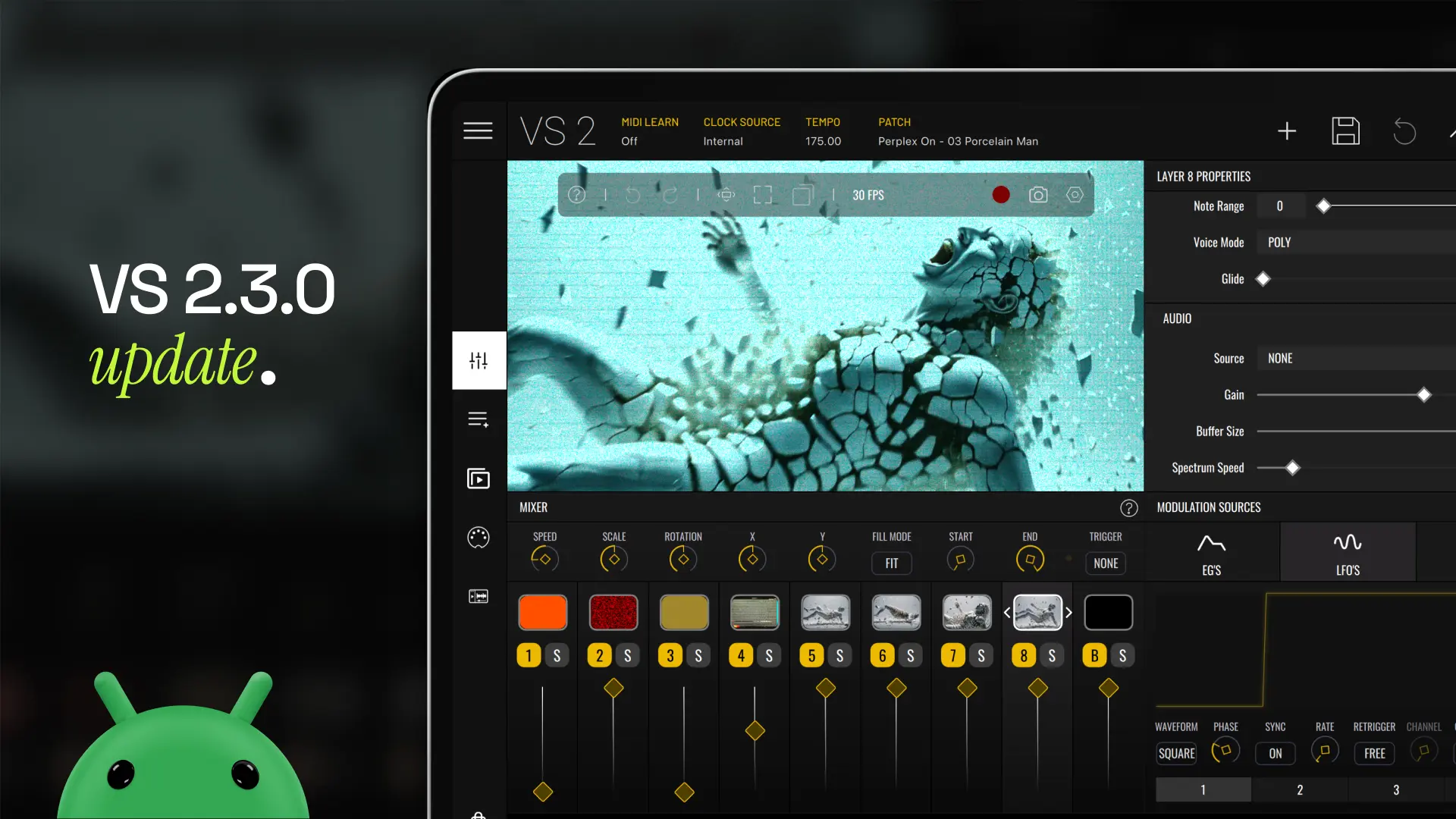 VS 2 running on an Android tablet, next to the VS 2.3.0 update artwork