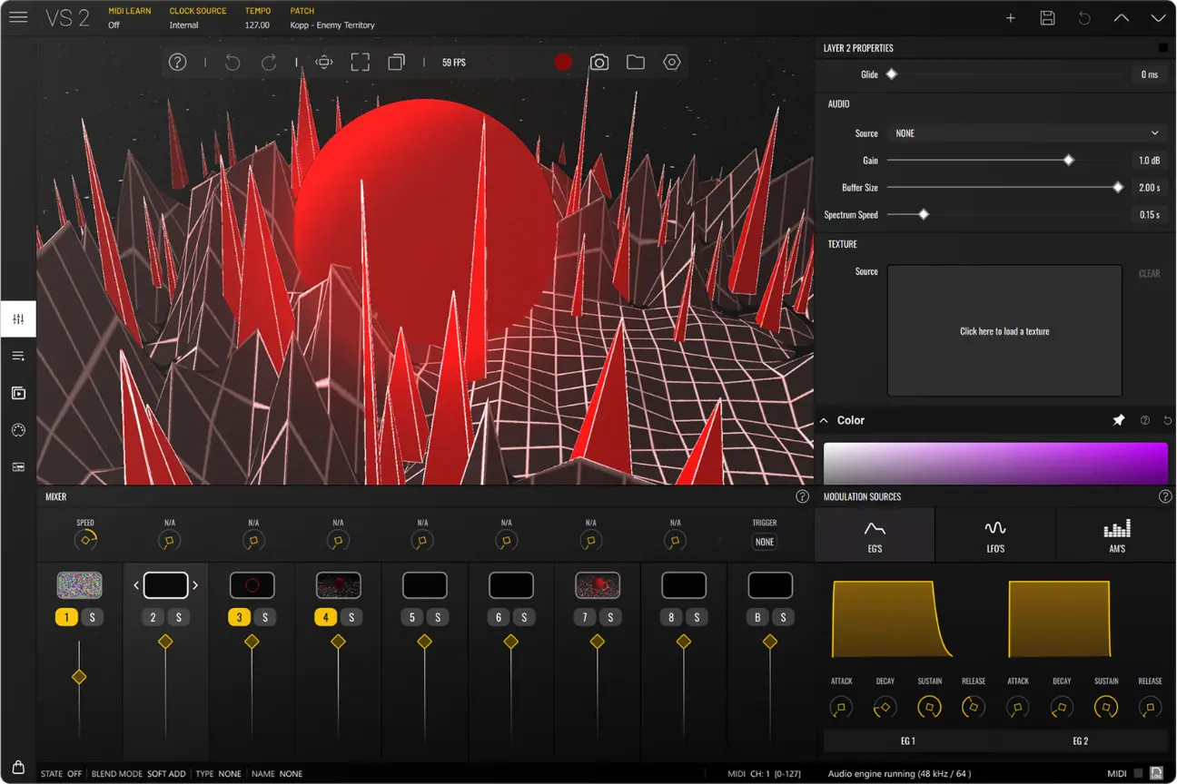 VS 2 interface — a shader layer, the layer mixer and modulation sources, projecting audio-reactive visuals.